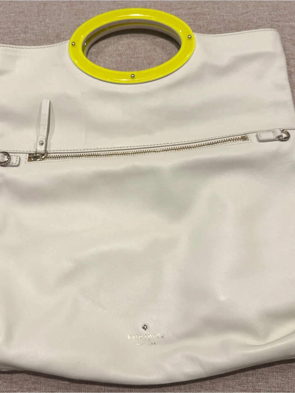 kate spade Cream Leather Tote with Yellow Circular Handle Accent